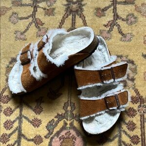 Birkenstock Brown and White Sandals with Plush Straps